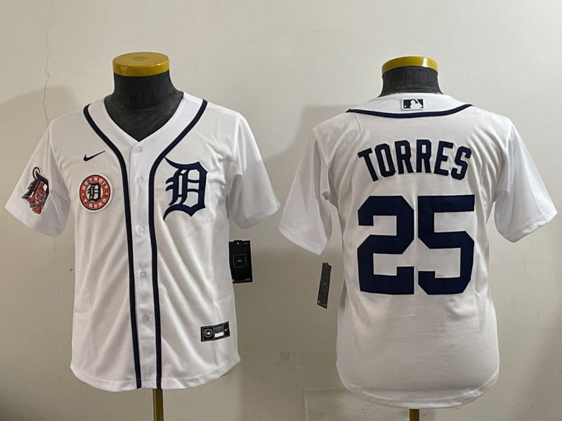 Youth 2025 Detroit Tigers 25 Torres White Game Nike MLB Jersey style 1